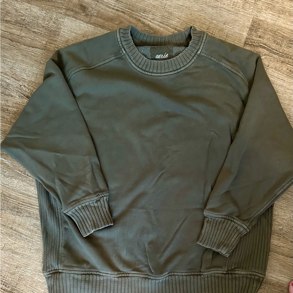 Aerie Green Crewneck Sweater with Ribbed Details